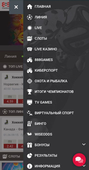 Категории сайта в главном меню мобильного казино
