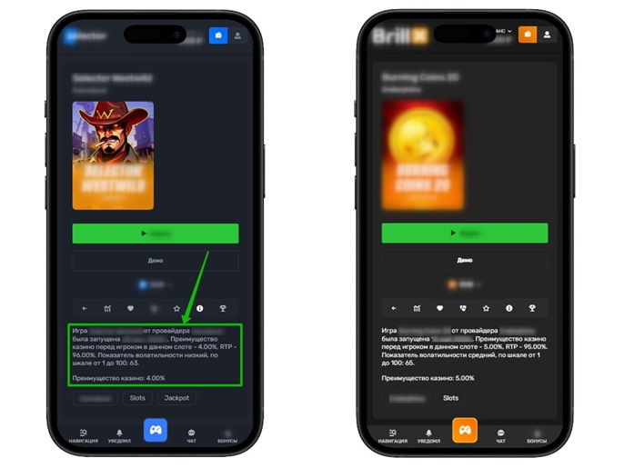 Характеристики слотов